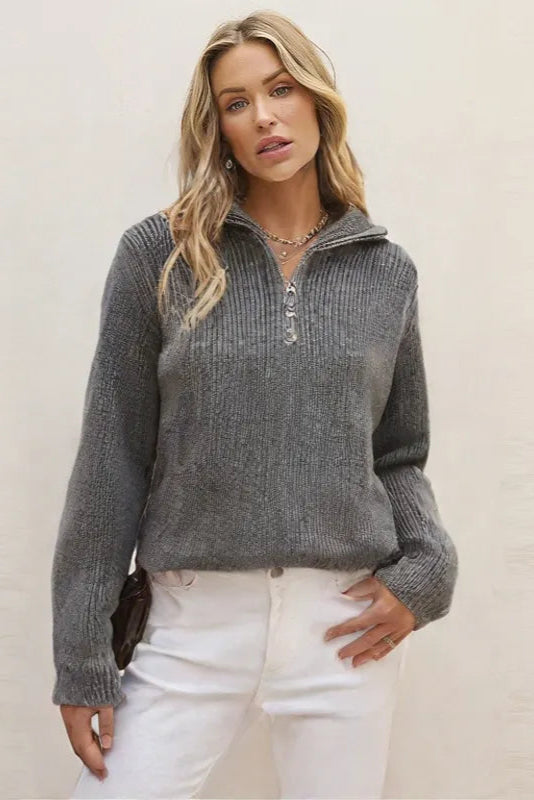 Women’s Loose Fit Zipper Sweater – Plaid Pattern Casual Pullover