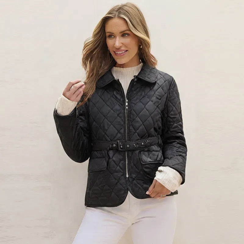 Belted Quilted Cotton Jacket – Casual Mid-Length Outerwear