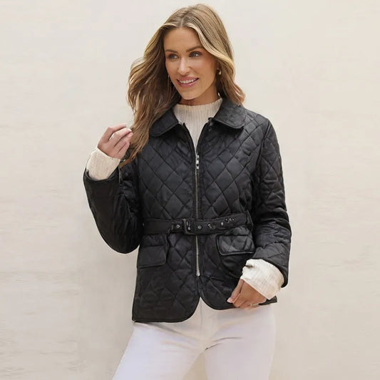 Belted Quilted Cotton Jacket – Casual Mid-Length Outerwear