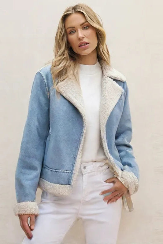 Fleece-Lined Short Denim Jacket for Women