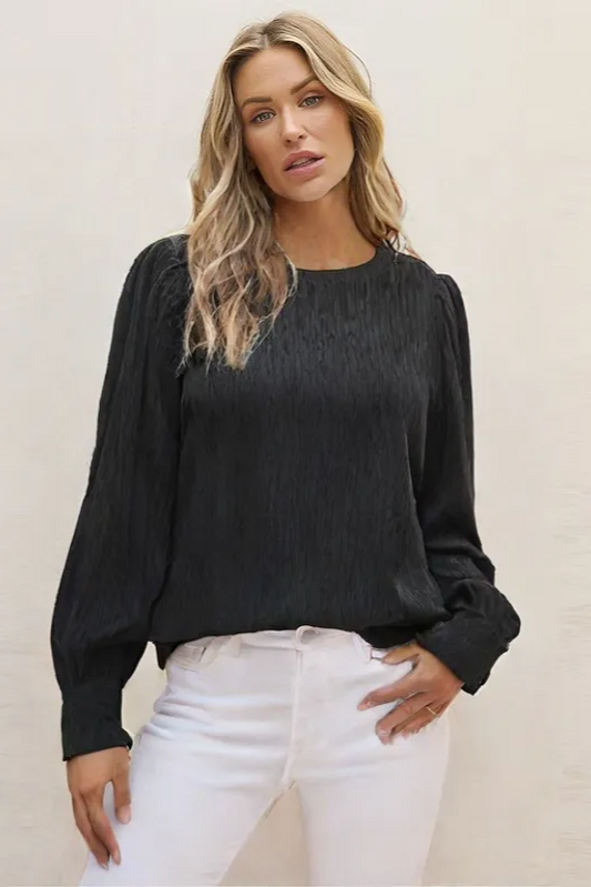 Women’s Puff Sleeve Ribbed T-Shirt – Slim Fit Round Neck Pleated Top