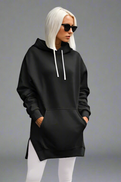 Women’s Split Shoulder Brushed Hoodie – Comfy Solid Color Pullover with Hood