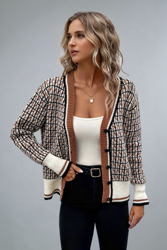 Elegant Houndstooth V-Neck Knitted Cardigan for Women