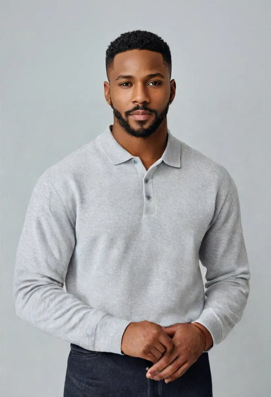 Men’s V-Neck Button Polo – Long Sleeve Casual Autumn Shirt