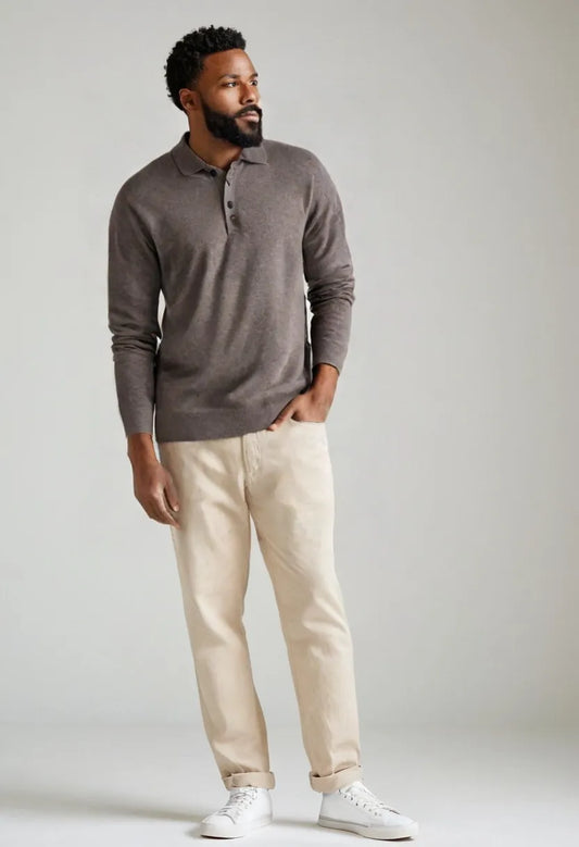 Men’s V-Neck Button Polo – Long Sleeve Casual Autumn Shirt