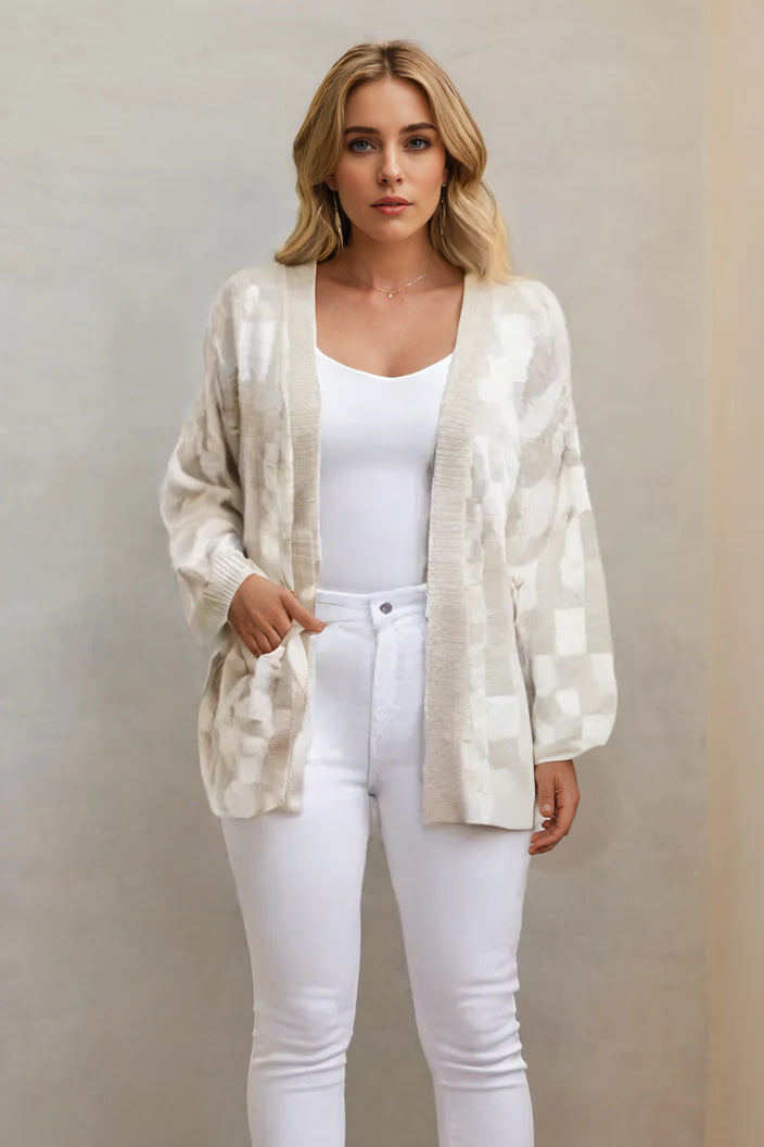 Women’s Checkered Knit Cardigan – Open Front Casual Sweater Coat