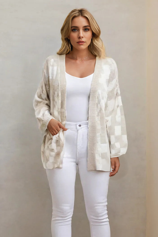 Women’s Checkered Knit Cardigan – Open Front Casual Sweater Coat