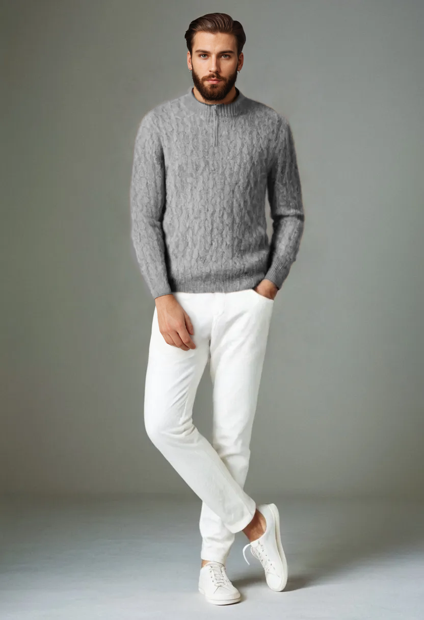 Men’s Pure Wool Half-High Collar Sweater – Thickened Loose-Fit Pullover