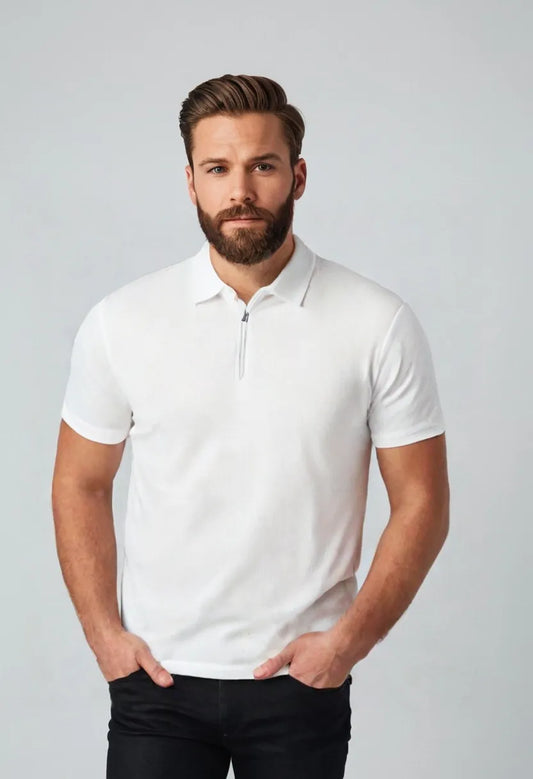 Men’s Textured Half-Zip Polo Shirt – Lightweight Short Sleeve Tee