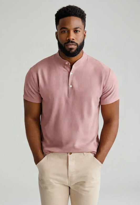 Men’s Linen Short Sleeve Shirt – Stand Collar Solid Color Pullover