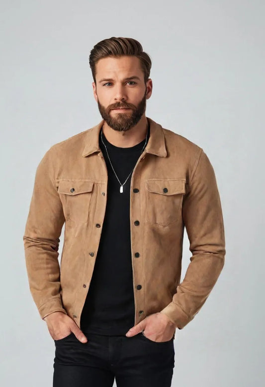 Men’s Suede Button-Up Jacket – Mid-Length Casual Outerwear