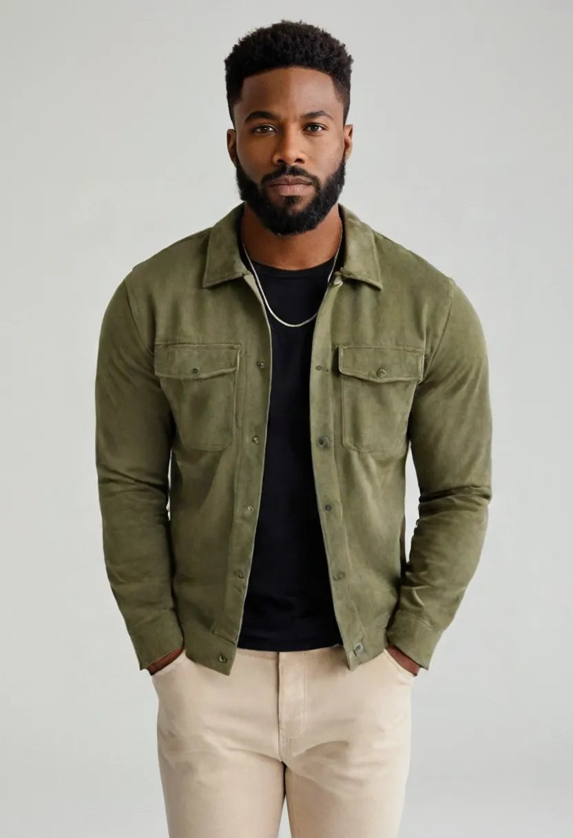 Men’s Suede Button-Up Jacket – Mid-Length Casual Outerwear