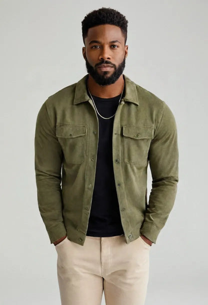 Men’s Suede Button-Up Jacket – Mid-Length Casual Outerwear
