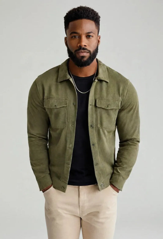 Men’s Suede Button-Up Jacket – Mid-Length Casual Outerwear