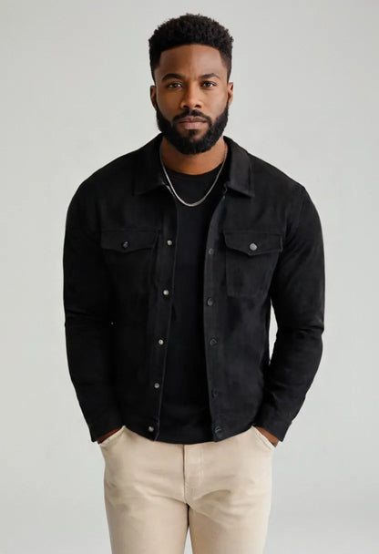 Men’s Suede Button-Up Jacket – Mid-Length Casual Outerwear