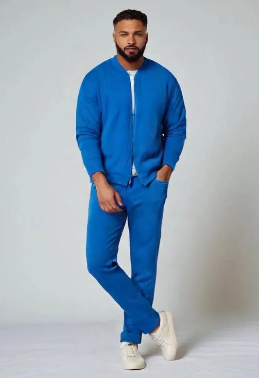 Men’s Waffle Texture Zip-Up Tracksuit – 2-Piece Casual Jacket & Pants Set