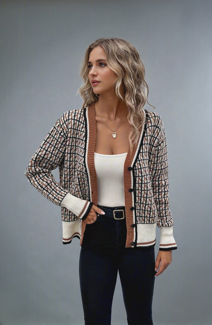 Elegant Houndstooth V-Neck Knitted Cardigan for Women